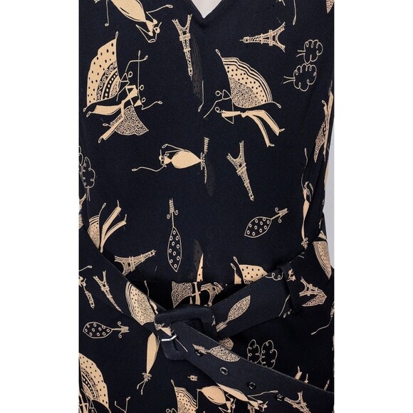 Vintage 90s 100% Silk Black Gold Paris Flamenco Dancer All Over Print Dress - Picture 5 of 9